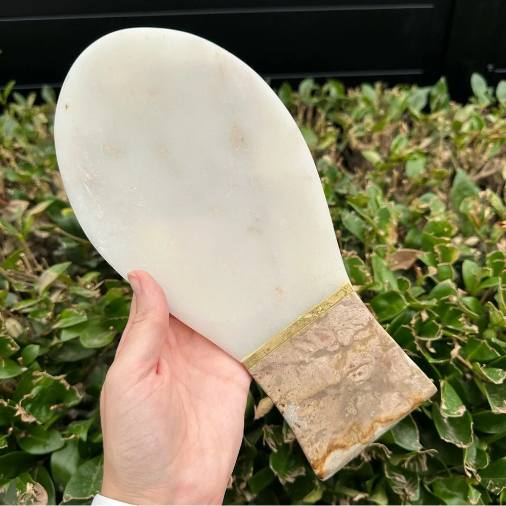 Natural Stone Marble Spoon Rest Utensil Holder White / Tan Brown Home Decor